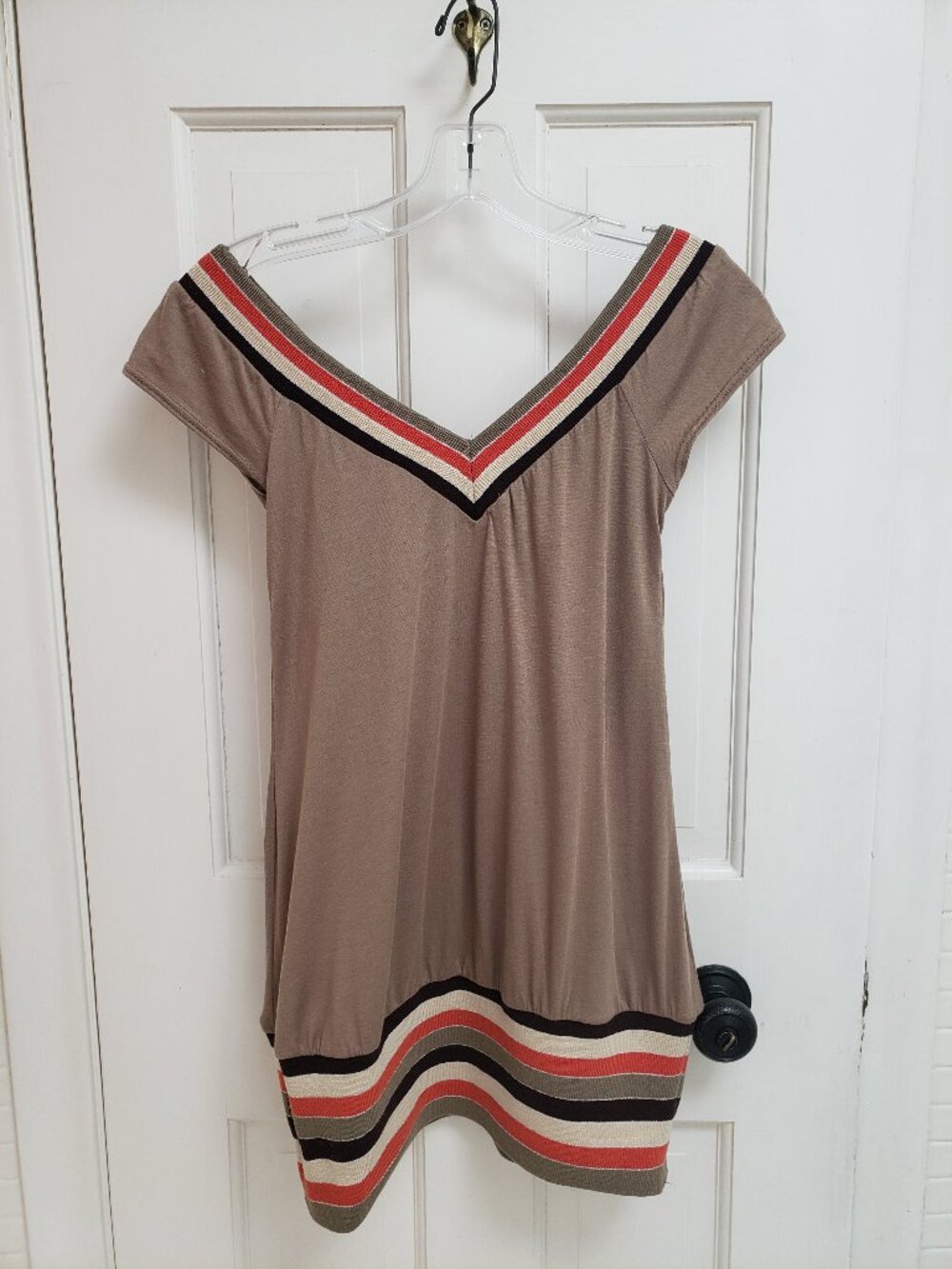 Twentyone by Forever 21 Y2K Striped Off Shoulder Tunic Top Size M Taupe